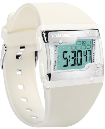TEKMAGIC Reloj de pulsera deportivo multifuncional para mujer, 100 metros, impermeable, para natación y buceo, cronómetro de vuelta, reloj despertador, calendario, retroiluminación