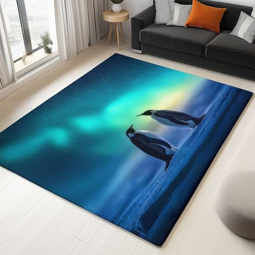 Generisch Teppich 80 x 150 cm rutschfest Waschbar Kurzflor Teppich, Nordlicht Landschaft Pinguin fussmatte für Schlafzimmer Kinderzimmer Wohnzimmer Büro Mehrfarbig robuster Läufer