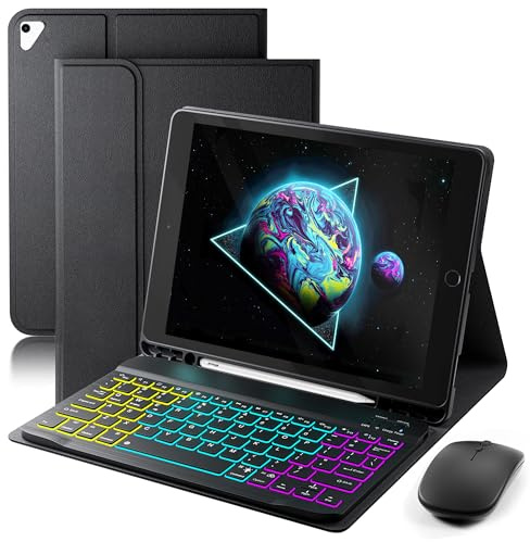 Étui avec clavier pour iPad 9,7, iPad 6{^>e<^} (2018)/iPad 5e génération (2017), iPad Pro 9,7(2016), iPad Air 2 (2014) – Clavier magnétique rétroéclairé 7 couleurs arc-en-ciel changeantes avec souris