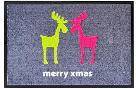 Kafloor Design Fußmatte Hirsche | Winter Schmutzfangmatte waschbar & rutschfest | Fußabtreter mit Hirschen für Innen & Außen 50 x 75 cm Hirsche grau