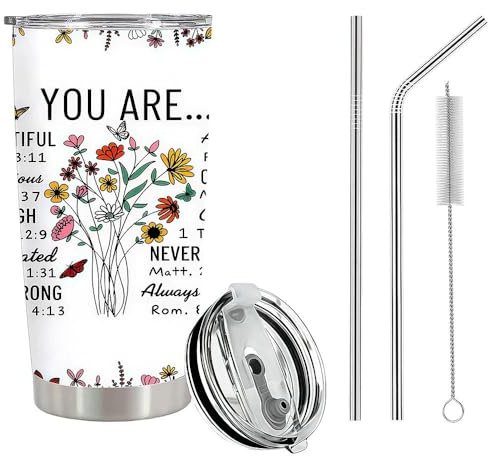 Fakcrkun 20oz Christian Insulated Travel Cup, Double-Sided Vacuum Stainless Steel Thermal Mug with Straw and Brush,Insulated Mug for Women Christian Gifts Bible Verse Inspirational Gift