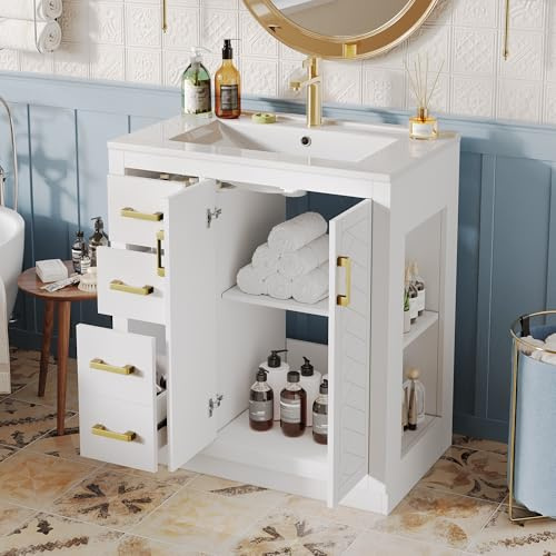 Ktipm Mueble de Baño con Lavabo y 3 Cajones Almacenaje, Armario Baño con 2 Puertas y Estante Abierta, Muebles Auxiliares de Baño, Lavabo con Mueble, 76.5x46.5x84.5 cm, Blanco