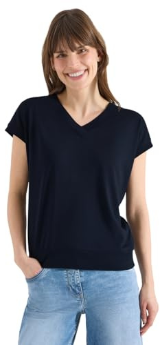Cecil Kurzarm Shirt mit V-Neck in Unifarbe universal Blue XL