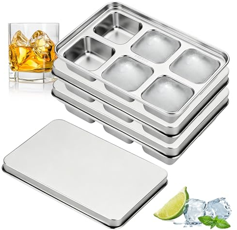 3-Pack Stainless Steel Ice Cube Tray, Large Ice Cube Tray with Lid, 6-Compartment Ice Cube Trays for Freezer, BPA-Free, Ideal for Cocktails & Whiskey