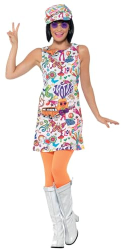 Smiffys 60's Groovy Chick Costume, Multi-Coloured with Dress & Hat, 1960's Groovy Fancy Dress, 1960s Dress Up Costumes