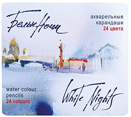 White Nights russische Aquarellstifte 24er Set im Metalletui, holzgefasste Stifte mit hoher Farbbrillanz, weicher Farbabstrich, wasservermalbar