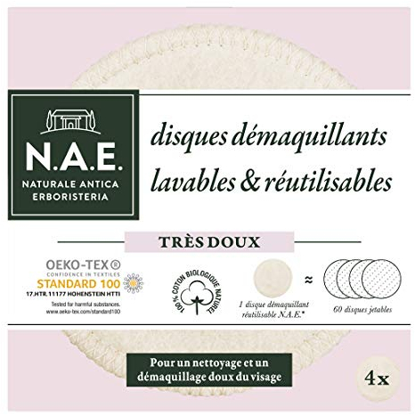 N.A.E. - Waschbare Abschminkpads für das Gesicht – wiederverwendbare Wattepads – für eine sanfte Reinigung des Gesichts – Öko-Tex – 100% natürliche Bio-Baumwolle – recycelbare Verpackung – 4 Scheiben