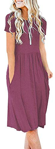 AUSELILY Summer Dresses for Women Short Sleeve Knee Length with Pockets Loose Pleated Empire Dress T-Shirt Dresses Mauve