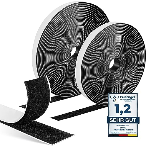 STARKL® Premium Klettband selbstklebend Extra Stark (Schwarz) I 25m x 20mm Klettverschluss selbstklebend für innen u. außen I Doppelseitiges Klettband für Messen, Events etc.