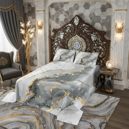 feelingyou Graue Marmor Tagesdecke 220x240cm Weiß Grau Gold Glitzer Gesteppte Bettdecke Abstrakte Steintextur Bettdecke 3er Set für Teens Room Decor, Marmorierte Bettdecke mit 2 Kissenbezügen