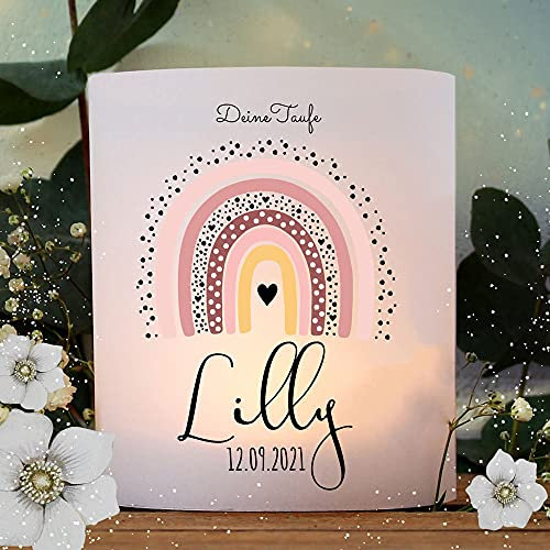 Taufkerze Patenkerze Gastkerze Lichthülle Rainbow Regenbogen Punkte hellrosa Wunschname Spruch individualisierbar wk204 - ausgewählte Größe: *6. 2x Lichthüllen (ohne Taufspruch)*