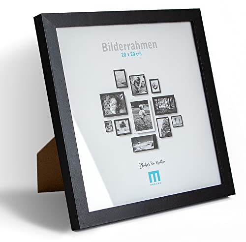 M MERCEO Bilderrahmen 20x20 cm (1Stk) in Schwarz, minimalistischer & moderner Fotorahmen für Fotos & Bilder. Inkl. Acrylglasschutz. Eignet sich als Tisch-Aufsteller und für die Wand, Quadratisch