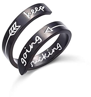 Yifnny Gravierter Offener Ring, Edelstahl Verstellbarer Wickelring Inspirierender Ring mit Graviert Keep Going Persönlichkeit Ermutigungs Geschenk für Frauen Männer (Keep Going 1-Schwarz)
