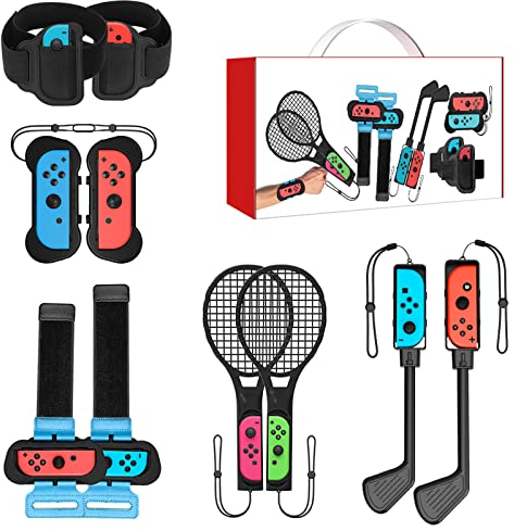 INFURIDER Zubehör-Kit Kompatibel für Nintendo Switch,Switch Accessories Bundle mit Joy Con Controller-Griffen,Zubehör Set mit Mario Golf Club/ Tennisschlägern/ Verstellbarer Armbänder und Beingurt