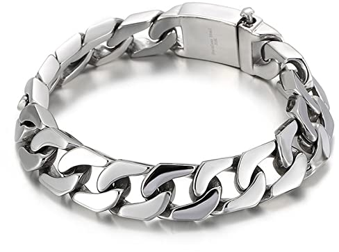 BCughia Freundschaftsarmband, Herren Geschenk Silber Panzerkette Versteckter Sicherheitsverschluss Dickes Knopfdesign 215x14mm Armband für Herren