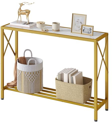 Tajsoon Entryway Table 41.8”, 2-Tier Entry Way Console Entrance Table, Narrow Sofa Table with Shelves, Ideal for Hallway, Entryway, Living Room, Foyer, Corridor, and Office (Gold & White)