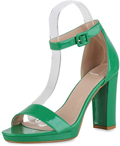 VAN HILL Damen Klassische Sandaletten Blockabsatz Schuhe Lack Absatzschuhe Elegante Sommersandaletten Abendschuhe 208373 Grün Lack 38