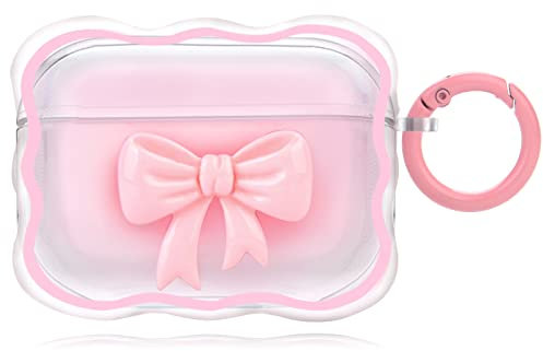 Kaislandy Cute AirPod Pro Case with Keychain Pink Bow Clear Gradient Design Wavy Border Protective Soft Cover Compatiable with AirPods Pro for Women and Girls