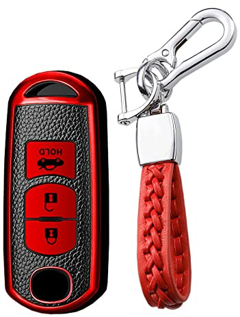 KUNIO Coque de Protection clé de Voiture - Convient pour Mazda 3 5 6 MX5 RX8 CX-3 CX-4 CX-5 CX-7 CX-9 BT50 MX-5 Atenza Demio - Accessoires TPU - Texture Cuir - Porte-clés - 3 Boutons - Rouge