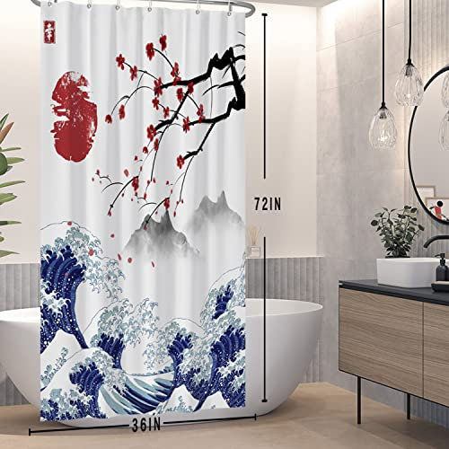 SDOTPMT 90x180cm Tenda giapponese della doccia del Monte Fuji Cherry Blossom Sunset Asian Bath Curtain Tenda della vasca da bagno della pittura del paesaggio dell'onda per la decorazione del bagno