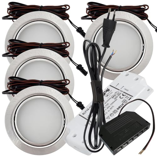 4er Set LED Möbeleinbauleuchte Emma 12V 3W Warmweiß 3000K | Ultra flach Ø55mm Einbaustrahler | 180lm | inkl. LED Trafo, Mini-Verteiler & 230V Zuleitung mit Schnurschalter | Für Möbel, Küche, Schrank