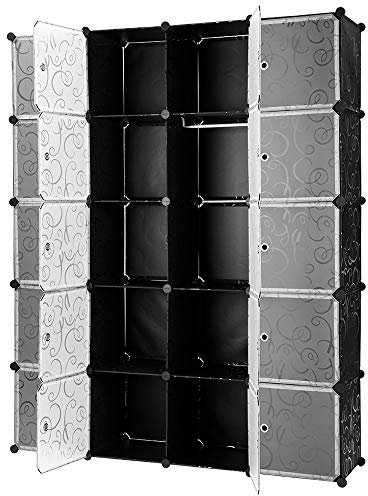 HUOLE Guardarropa portátil para Colgar Ropa, Armario Combinado, Armario Modular para Ahorrar Espacio, Organizador Ideal para Libros, Juguetes(5 Pisos, 20 Puertas, Negro)