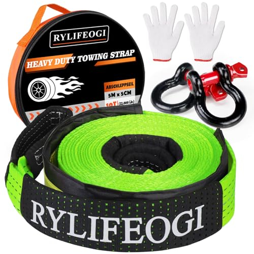 RYLIFEOGI Cinghia di Traino 10 Ton (22,000Lbs), 5mx5cm Funi Traino Recupero Heavy Duty con 2 Catene 2 Guanti per Fuoristrada Auto (Verde)