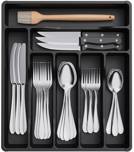 Lifewit Range Couverts pour Tiroir, Organisateur Couverts Tiroir Cuisine Rangement Ustensiles Bac de Rangement Couvert pour Cuillères Fourchettes Couteaux Vaisselle, 7 Compartiments, Noir