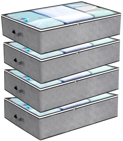 JMIATRY 4 Pcs Underbed Storage Boxes with Lid, 90L Foldable Underbed Storage Bags with Handle and Zips, Non Woven Under Bed Storage Bag for Quilts, Clothes, Blankets and Clothes
