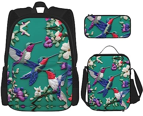 KoNsev Mochilas de teñido anudado arcoíris con lonchera y estuche para lápices para laptop universitaria, mochila de 15 pulgadas, Bordado de colibríes de flores, Talla única