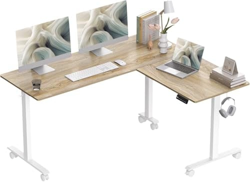 BEXEVUE L Shaped Standing Desk, 160x140 cm Corner Standing Desk, Electric Height Adjustable Desk with 3 Memory Controls, Sit Stand Gaming Desk for Home Office, Maple