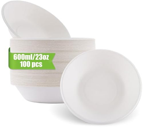 GBACHOOSE 100 Pack Disposable Paper Bowls, 23oz/680ml Disposable Sugarcane Bagasse Bowls, White Biodegradable Bowls for Hot Food, Soup, Salad