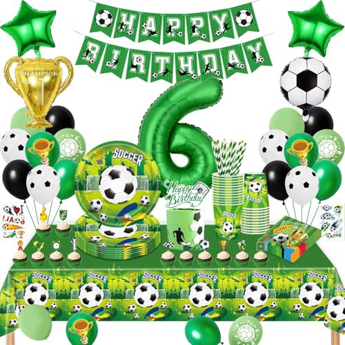 Football Birthday Decoration 6 Years, Football Party Tableware Set 6 Years Boy, Balloons Paper Plates Cups Napkins Tablecloth for Party Children's Birthday Decoration