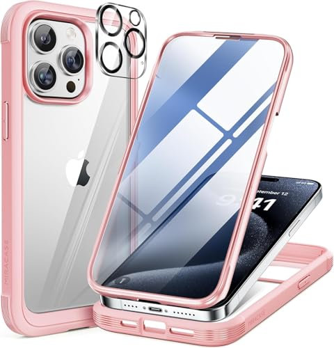 Miracase 360 Grad für iPhone 15 Pro Max Hülle mit Eingebaut Glas Schutzfolie, Komplettschutz HandyHülle Stoßfest Case für iPhone 15 Pro Max Schutzhüllen 6,7 Zoll, Rosa