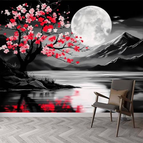 Photo Wallpaper Japanese Style Mountains Flowers Murals, 350 x 256 cm (W x H) Wall Mural Photo Wallpaper, Japanese Style Wallpaper Mural Wall Art for Living Room Bedroom Children's Room Corridor