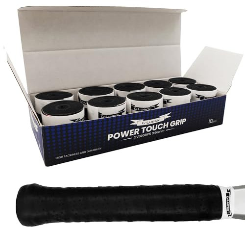 G-Lueck 10er Set Tennis Premium Overgrip Power Touch mit Perforation - Hoher Grip, Lange Haltbarkeit - 0,60mm Stärke | Griffband für Padel, Squash, Badminton Schläger | perforiert (Schwarz)
