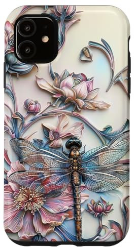 Hülle für iPhone 11 Libelle mit lila Flügeln und rosa Blumen