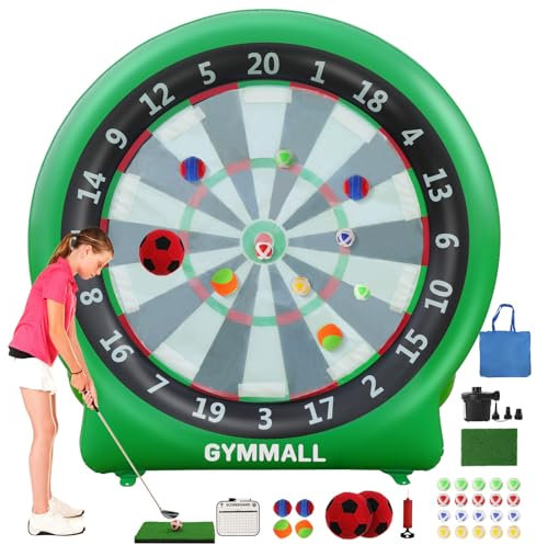 GYMMALL Giant Dart Board Inflatable 6 ft with Pump, Outdoor and Indoor Soccer Sport Kick Dartboard for Kids and Adults, Waterproof Darts Board Yard Game with 20 Golf Balls, 4 Sticky Balls, 2 Soccers