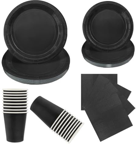 LAWALEISHE 96pcs Black Party Tableware Set, Disposable Black Paper Plates, Cups and Napkins, Solid Color Paper Tableware for Weddings, BBQ and Birthday Parties, Table Decorations