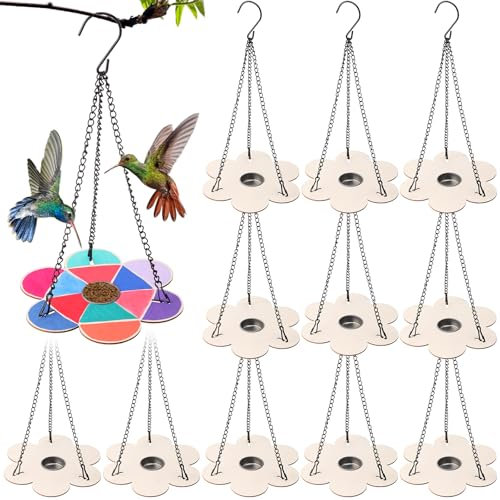DoubleFill 12 Pack Bird Feeder Craft Kits for Age 3-8 Make Your Own Wooden Flower Bird Feeders with Chains and Aluminum Bowls Ornaments DIY to Paint Bird Feeders Craft for Garden Outdoor Activities