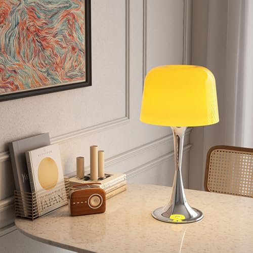 LOGT LED Pilz Tischlampe mit Kabel Gelb Glas Lampenschirm Tischleuchte mit Kabelschalter Pilz Lampe Metall Dimmbare Tischlampe Mushroom Nachttischlampe 3000K/4500K/6000K für Schlafzimmer Büro