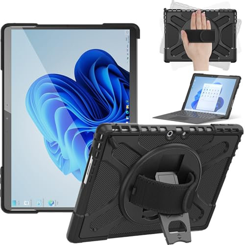 Junfire Schutzhülle für Microsoft Surface Pro 11/Pro 10/Pro 9 (2024/2024/2022) 13 Zoll, hülle mit 360° Drehbar Stände und Handschlaufe kompatibel mit Tastatur-Schwarz