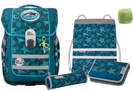 Sealife Schulranzen Set Orca Wal Blau für Jungen 1.-4. Klasse, McNeill Ergo Complete Schultasche, Ergonomisch, Leicht 1.150 Gramm, Geräumig 20 L Volumen, Nachhaltig (6-teilig mit Federmappe)