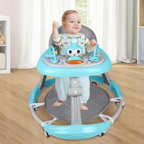 Trotteur Babywalker 3 en 1 Chariot d'éveil et de marche Trotteur - fonction basculante Transat avec roulettes, musique, aire de jeu Table à manger Trotteur Pliable (bleu)