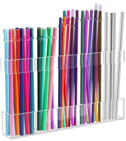 Malldii 9.5 Large Acrylic Straw Holder for Cabinet Door - Reusable Tumbler Straw Organizer Storage, Small Kitchen Accessories Container, Ultra Sticky Cupboard Door Mounted (Transparent)