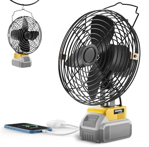 MtiolHig Batteriebetriebener Ventilator, tragbar für Dewalt 20 V max. Akku, 21 W 3000 U/min, kabelloser Baustellenventilator mit USB- und Typ-C-Ladeanschluss, Reisen, Baustelle, Werkstatt, 20,3 cm