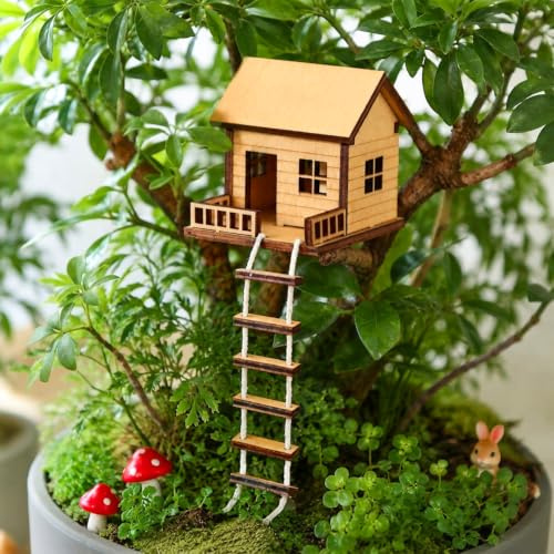 JULEASEL Cabinwood Mini Treehouse with Hanging Ladder for Indoor Plant Pots | Plant Mini Treehouse, Miniature Flower Pot Tree House with dangling rope ladder, moss gardens, terrariums & desktop decor