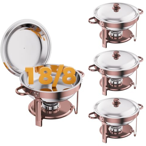 Chafing Dishes for Buffet 4 Pack, 6QT Food Grade Round Stainless Steel Food Warmer, Food Warmers for Parties Buffet Catering Events Dinners, Rose Gold