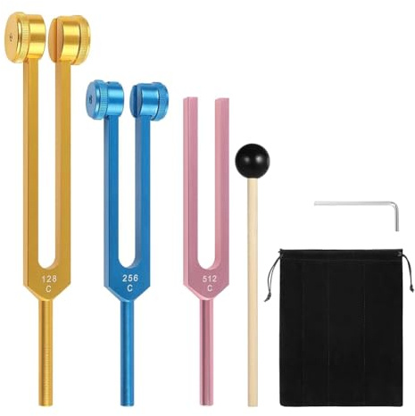 Harewtwy Aluminum Fork Tuning Set 3 Pieces- 128Hz, 256Hz, 512Hz with Hammer for Chakra for Healing, Sound Therapy, Stress Relief Reliever