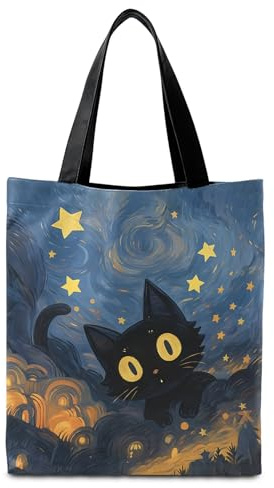 Schwarze Katze Tragetasche, Geschenke für Katzenliebhaber, Stoffbeutel Bedruckt für Frauen und Mädchen, Einkaufstasche Tasche mit Katzenmotiv, Baumwolltasche für Büro, Reisen, Fitness, Einkaufen